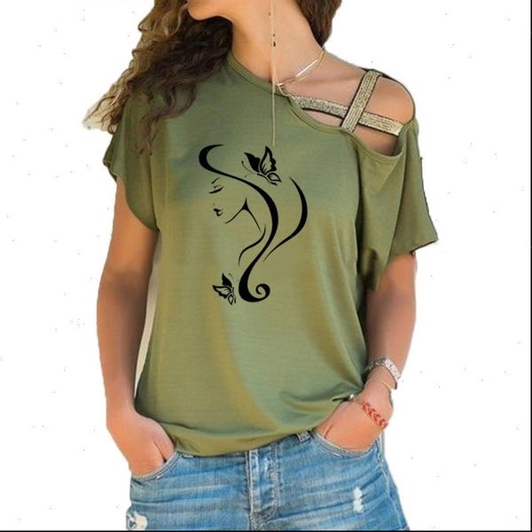 

new style beauty salon girl face with butterfly printed shirt short sleeve t shirt irregular skew cross bandage, White