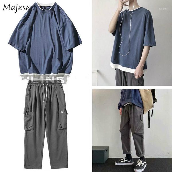 

men sets patch designs plus size 3xl summer korean chic casual trendy mens set hip-hop streetwear teens bf ins loose ulzzang new1, Gray