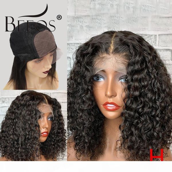 

beeos 150% closure short curly bob wigs with silk base brazilian remy human hair wigs lace wig pre plucked, Black