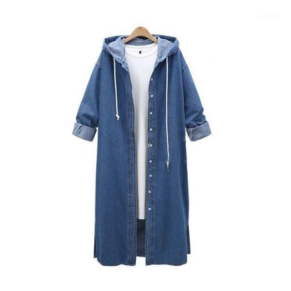 

women's trench coats [ewq]long sleeve loose size long coat outwear hooded denim jacket women's 2021 autumn qk2831, Tan;black
