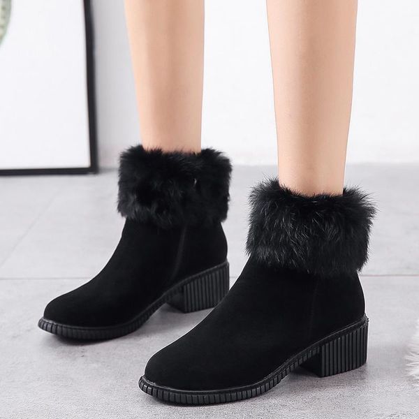 

winter boots lady booties woman 2020 low heel boots-women shoes round toe rubber mid calf mid-calf lolita ladies autumn, Black