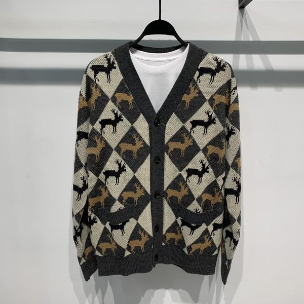 

2020 fashion deer sweaters men slim fit v-neck cardigans clothing striped cotton spring and autumn casual coat, White;black