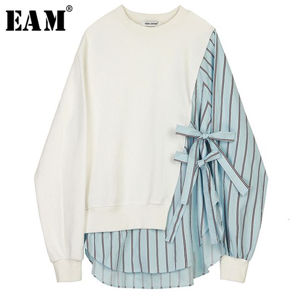 

[eam] loose fit striped spliced hit color sweatshirt new round neck long sleeve women big size fashion spring autumn 1b763 201007, Black