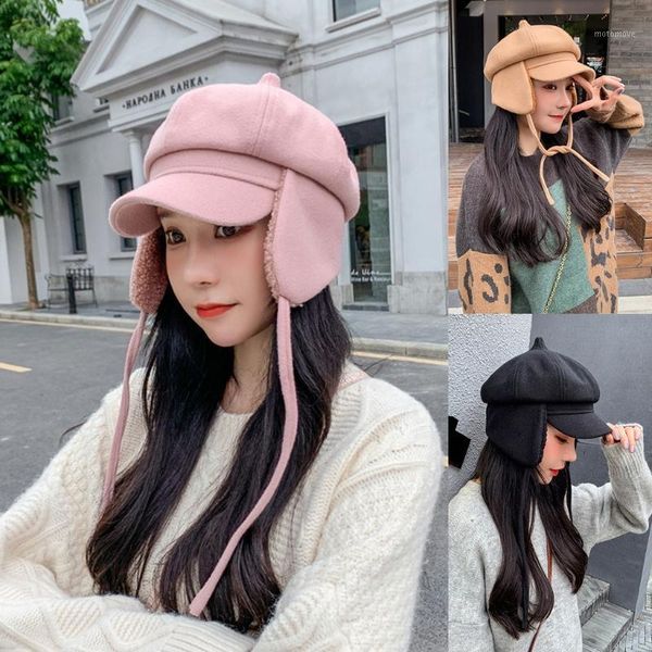 

women winter octagonal beret cap with plush lining earflap chin strap visor hat 649c1, Blue;gray