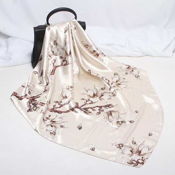 

90*90cm square scarf hair tie band party print women elegant small vintage skinny retro head neck silk satin flower, Blue;gray