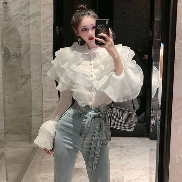 

2020 autumn new ruffle long sleeve french design perspective chiffon shirt women's wear