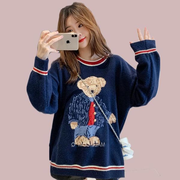 

2020 woman sweaters cartoon teddy bear casual korean style autumn winter warm loose cute o-neck pullover knitted jumper sweater, White;black