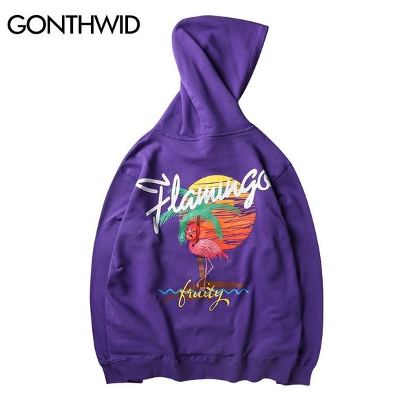 

gonthwid harajuku embroidery pink flamingo printed hoodies men casual cotton hooded sweatshirts male hip hop fashion hoodie 201113, Black