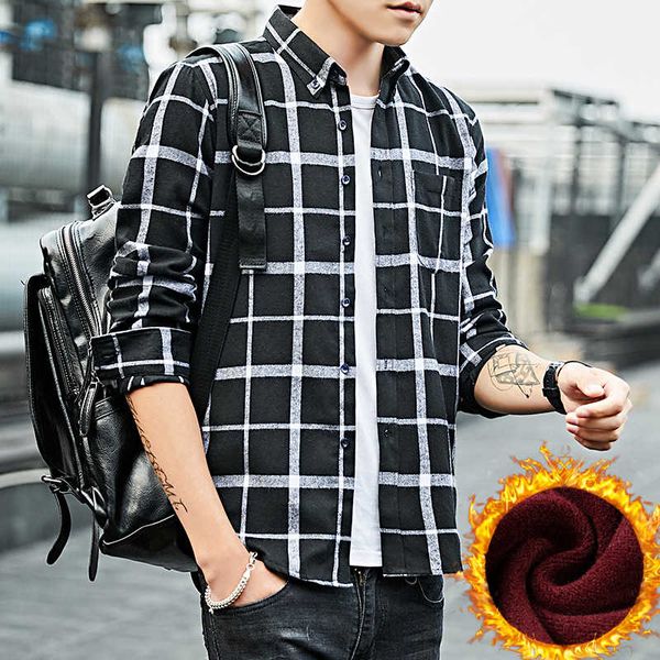 

2020 winter new plaid warm men's plush thickened korean shirt fashion, White;black
