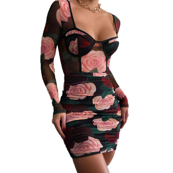 

female dress spring summer long sleeve rose printed bodycon mini dress 2021 square collar dresses women clothes, Black;gray