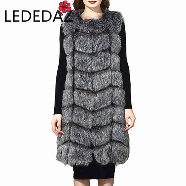 

women's fur & faux lededaz autumn long artifical jacket large size women thick warm winter coat fashion sleeveless vest 90cm, Black