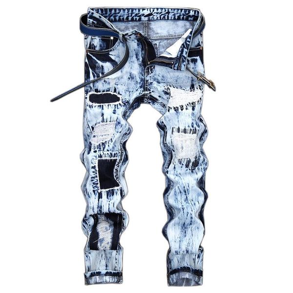 

1j light color jeans men's european and american embroidered hole patched pants straight jean good quality, Blue