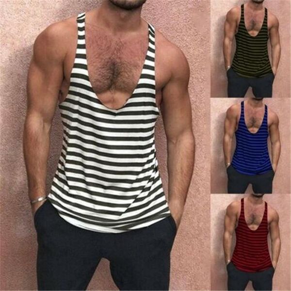 

men' casual stripe sleeveless v-neck shirt gym sport outdoors vest tank, White;black