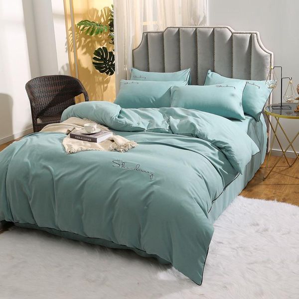

washed and brushed fabric 4pcs duvet cover bed sheet pillowcases solid lake green bean paste yellow pink wine red