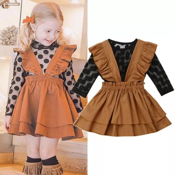 

new 2pcs toddler baby girl autumn clothes lace t-shirt+dress overalls outfit, Red;yellow
