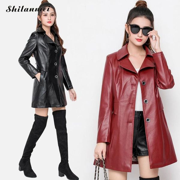 

black red pu leather jackets plus size women 2020 fashion mid-long windbreaker solid cool overwear coat streetwear coat1, Black;brown