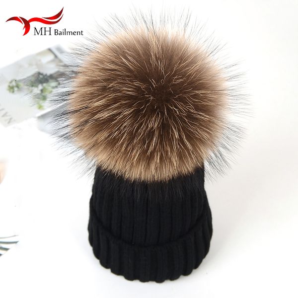 

beanie/skull caps autumn winter real raccoon fur ball children knitted hat comfortable warm parent-child ladies thickened, Blue;gray