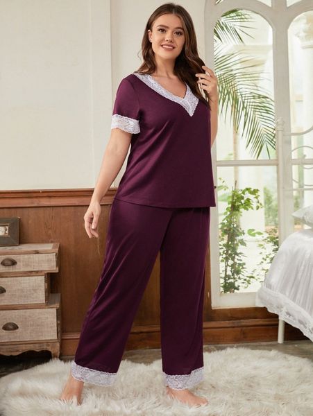 

plus lace trimed pajama set s3cl#, Black;white