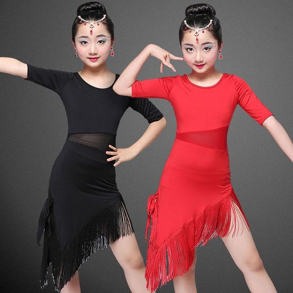 

modern girl latin dance dress for girls salsa tango skirt ballroom dancing dress child competition dancewear kids dance costumes, Black;red