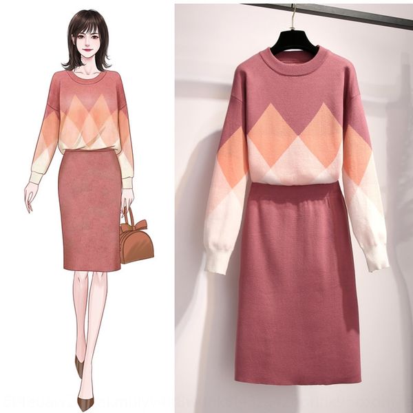 

diamond lattice sweater warm sweaterdiamond sweater half skirt 2-piece women's 2020 spring and autumn fashion celebrity temperament sui, Gray