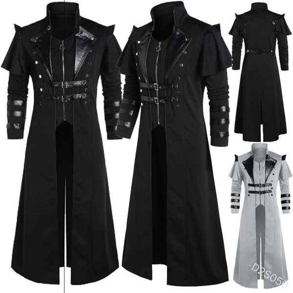 

halloween medieval steampunk assassin elves pirate costume for black vintage long split jacket gothic armor leather coats, Black;red