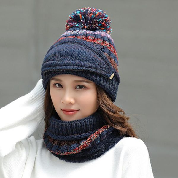 

three-piece set soft warm knit beanie scarf face cover thickened winter ski hat with pompom for women girls@88, Blue;gray