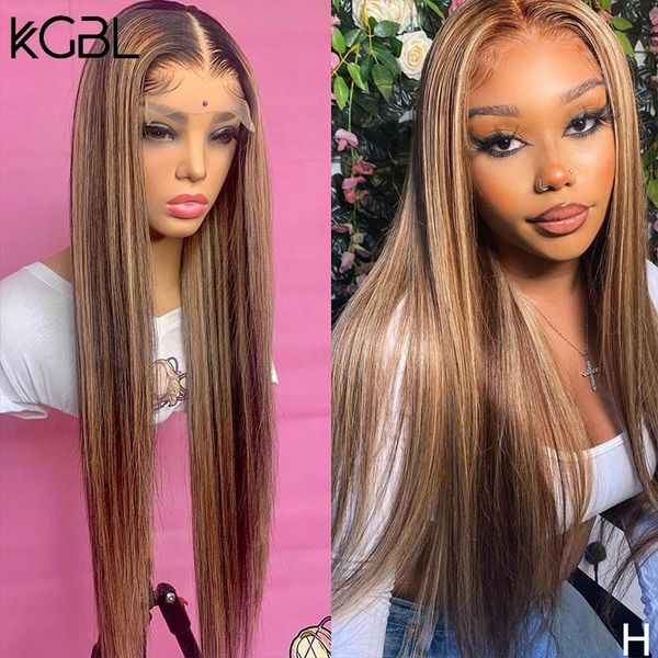 

lace wigs kgbl highlight t-part straight front human hair wig 180% density with baby brazilian 8-24'' non-remy medium ratio, Black;brown