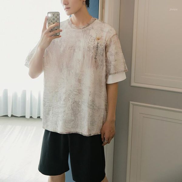 

ewq / men's wear summer short-sleeved loose t-shirt fashion ultra-thin perspective printed chiffon tee 2020 vintage new 9y29061, White;black