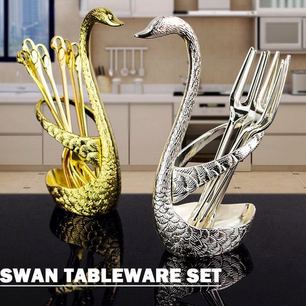 

7pcs swan fruit base holder forks set stainless steel salad dessert forks coffee spoon cake kitchen decor flatware set tableware