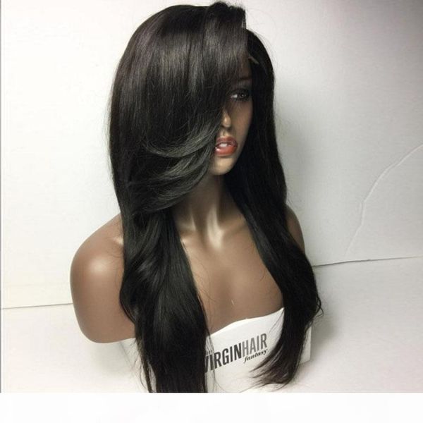 

natural straight glueless lace front full lace wig for black women with bangs brazilian wave full lace wig with baby hair bleached knots, Black;brown
