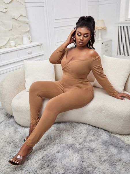 

sxy plus off shoulder surplice neck jumpsuit u8hs#, Black
