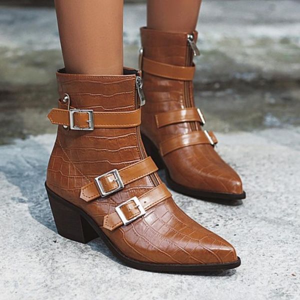 

fanyuan british style women ankle boots pointed toe zipper buckle high heels shoes daily punk women footwear size 33-48, Black