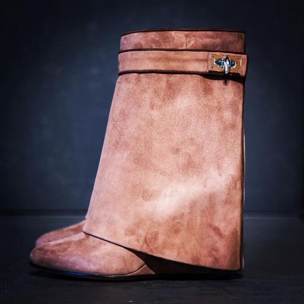 

2020 spring suede leather women lock buckles mid-calf boots pointy toe ladies height increasing knight boots size 42, Black