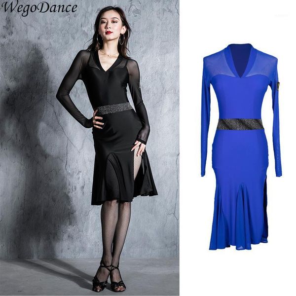 

new latin dress v collar mesh long sleeve ballroom dance competition dresses woman hipping1, Black;red