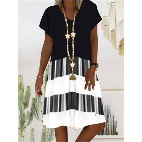 

s-5xl plus size women vintage boho print dress short sleeve summer black patchwork casual loose dresses female sundress vestidos, Black;gray