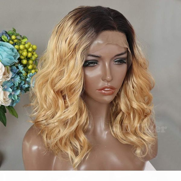 

natural wave short wavy wigs synthetic lace front wigs blonde ombre brown roots soft heat resistant hair loose curly wigs for women, Black