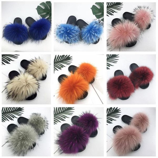 

fur women shoes fashion slides new real raccoon fur slippers summer autumn house outdoor women's slippers wsh3757, Black