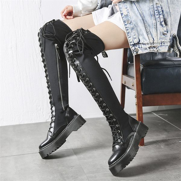 

2020 chunky platform oxfords shoes women lace up stretchy over the knee high motorcycle boots female long shaft fashion sneakers, Black