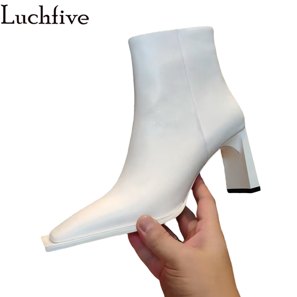 

boots genuine leather short women chunky high heels ankle square toe femme zipper white shoes woman, Black