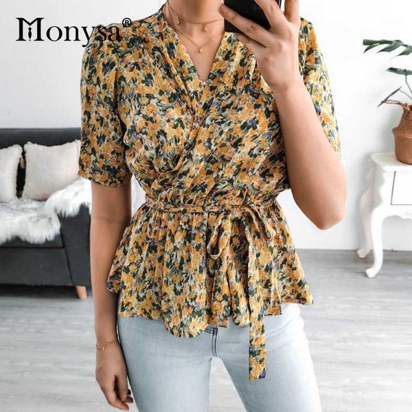 

women's blouses & shirts floral print peplum for women 2021 summer arrival puff short sleeve casual blouse ladies elegant v neck shirt, White