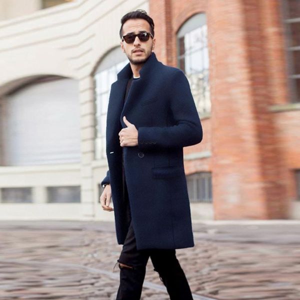 

men's woolen coat mid-length business thickened stand-up collar solid color suit collar casual woolen coat, Black