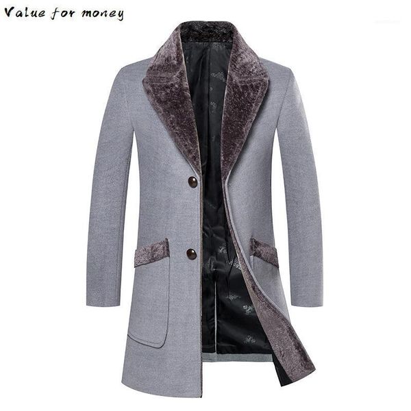 

overcoat wool male blend mid long winter coat men with fur collar coat men winter trench manteau homme hiver1, Black