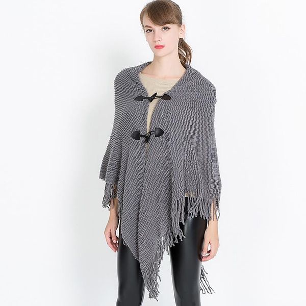 

scarves lady's solid scarf in winter button thickening poncho autumn women's blakc khaki red tassels warm shawl, Blue;gray