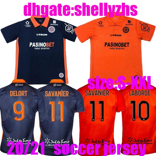

20 21 maillot de foot montpellier hsc soccer jersey 2020 2021 home away blue orange delort savanier lecomte labord crd football shirt, Black;yellow