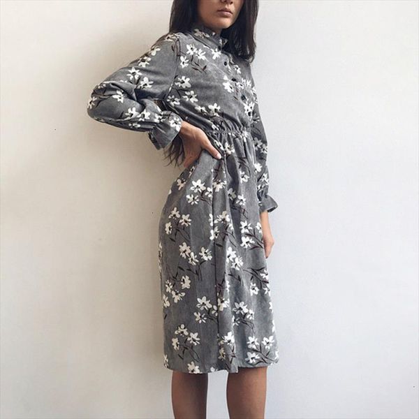 

winter autumn women dresses casual long sleeve high elastic waist flower print party dress female dress vestidos designer clothes, Black;gray
