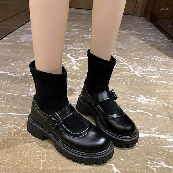 

boots rimocy pu leather buckle sock women autumn 2021 casual beige black platform ankle female flock patchwork short botas1