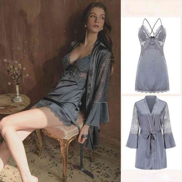 

qweek satin robe sets sleepwear bathrobe peignoir for women silk like nightgown female lace embroidery summer dressing gown, Black;red