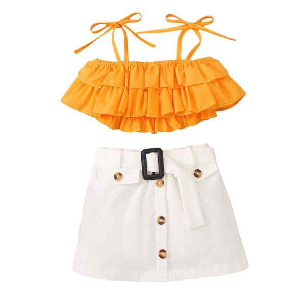 

2022-01-07 lioraitiin 1-5years kid baby girl sleeveless ruffles decor sling solid color tie up button white skirts with belt g220217