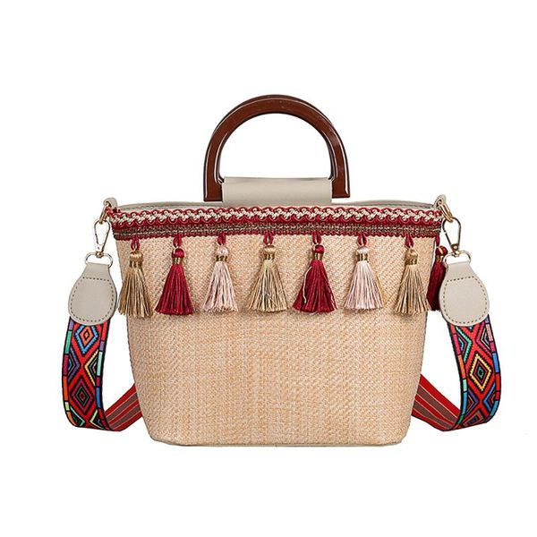 

women crossbody vintage beach straw bag ethnic wind ribbon fringe beach style tassel messenger bags ladies retro purse handbag