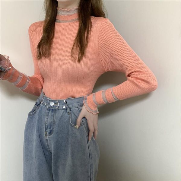 

women's sweaters lucyever slim sweet bottoming knitted pullovers womens turtleneck fashion all match lace patchwork woman lady, White;black